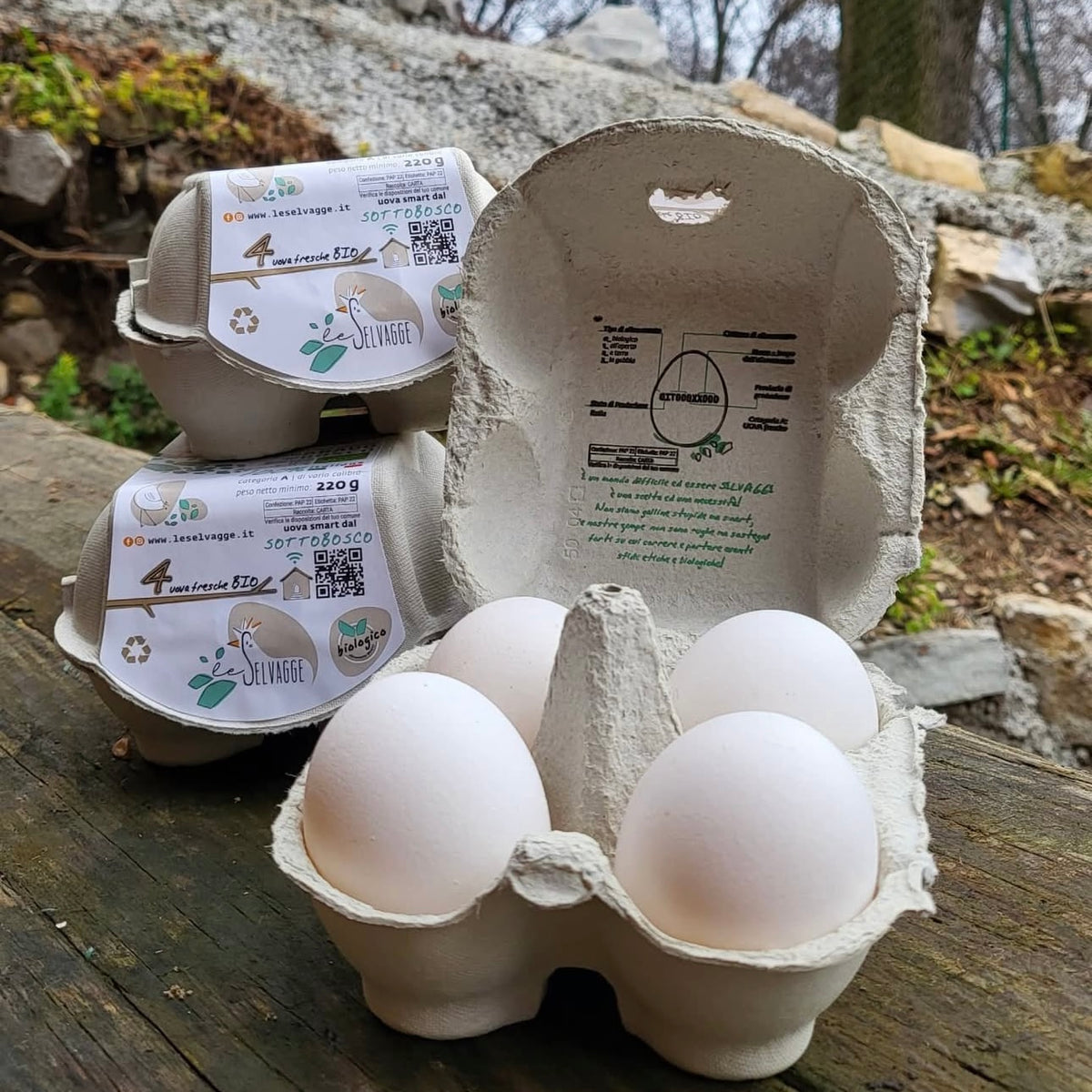 Le Selvagge 4 Uova  bianche BIO in box di polpa di legno biodegradabile